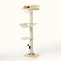 Window-mounted wooden cat tree with transparent space capsule bed, hammock, and sisal scratching post.