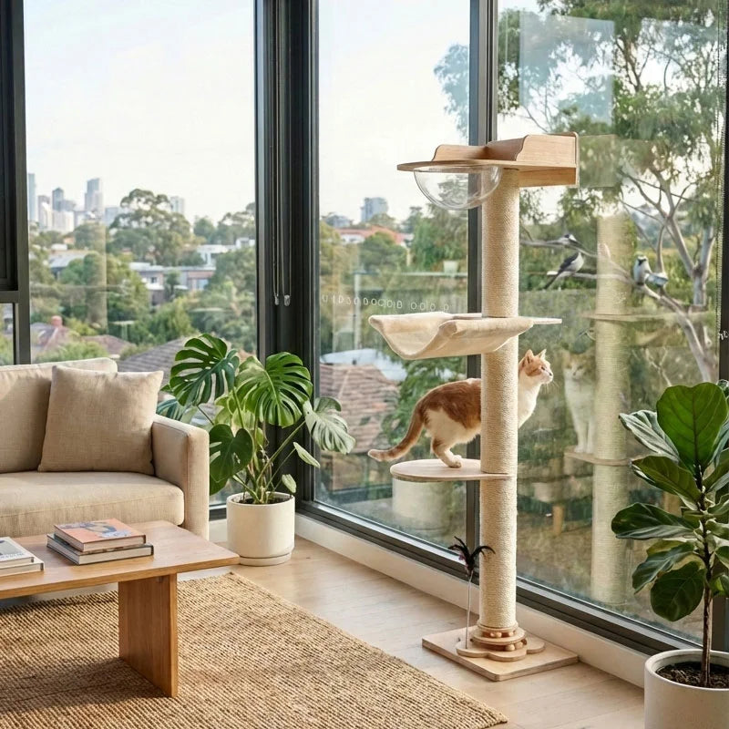 Space-saving window-mounted LOLOPAWS wooden cat tower in a modern living room, featuring a cat looking out the window.