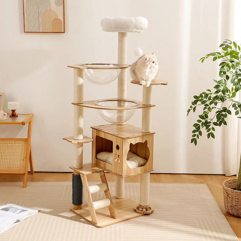 LOLOPAWS compact wooden cat tower with cat and a small footprint, featuring a transparent space capsule, plush hammock, and full-sisal scratching post for small apartments.