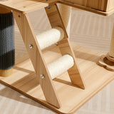 LOLOPAWS wooden cat tower cat climbing with sisal-wrapped posts on a neutral background