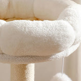 Close-up of a fluffy LOLOPAWS wooden cat tower with soft cushioned top.