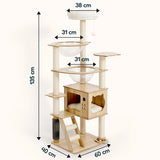 Dimensions of a LOLOPAWS wooden cat tower with various levels and a scratching post.