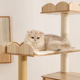Beige wooden cat tower for large cat with two cat condos and a cushioned perch, featuring a sisal-wrapped scratcher post.