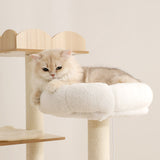 Beige large cat lounging on white plush bed attached to 180 cm cat tower for large cat with sisal scratcher posts and wooden .