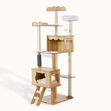 LOLOPAWS multi-level wooden cat tower designed for multi-cat households, featuring a cozy condo, plush hammock, transparent space capsule, and multiple sisal scratching posts.