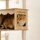 Cat peeking out from LOLOPAWS cat furniture tower attached to a scratching post.