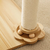Wooden cat scratcher with sisal rope on a carpeted floor
